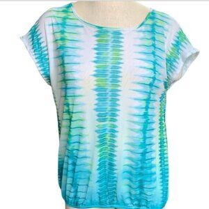 Chico's Mesh Abstract/Tie Dye Print Blouse Sz 2 L/12 Blue Green White #37E
